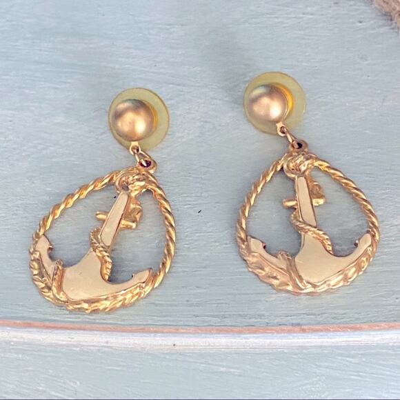 Nautical Anchor Gold Tone Earrings - Picture 1 of 7